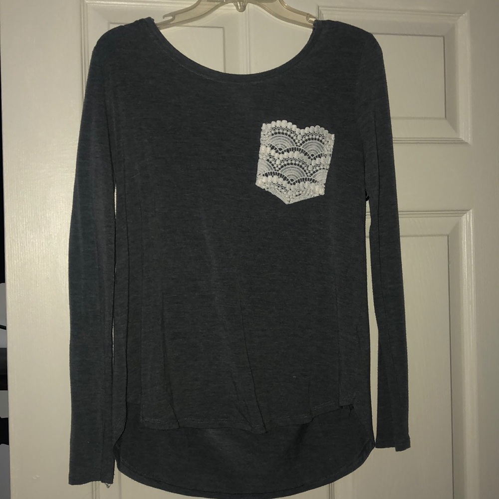 Gray T-Shirt with Lace Pocket